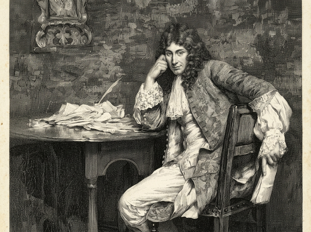 Retrato de Samuel Pepys, diarista inglés del siglo XVII, sentado a su escritorio rodeado de papeles